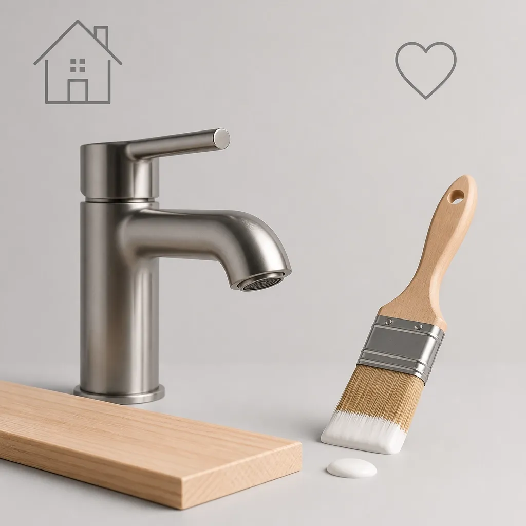 Minimalist composition of home repair elements like a faucet and paintbrush