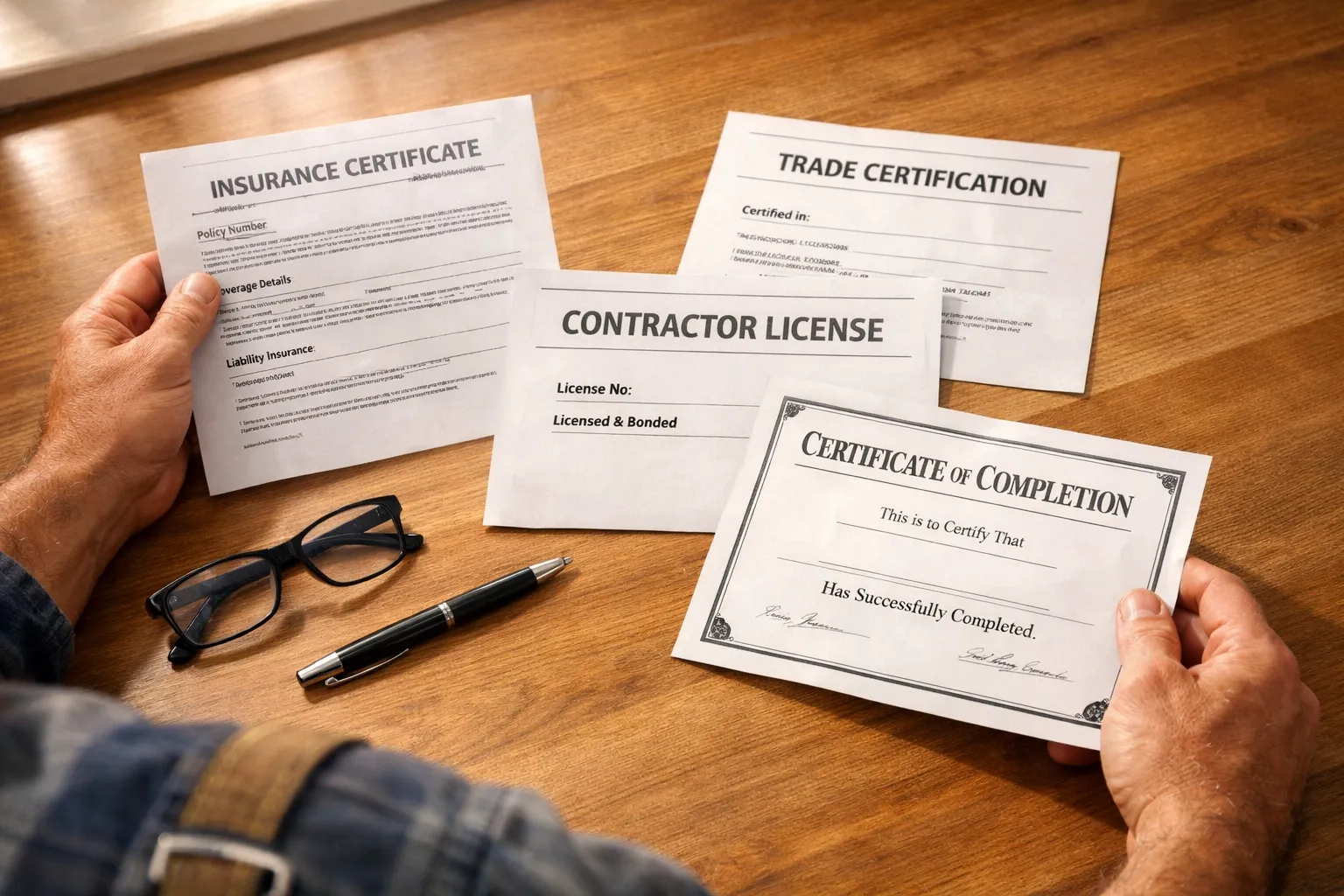 Professional handyman credentials including insurance certificates and licenses on desk