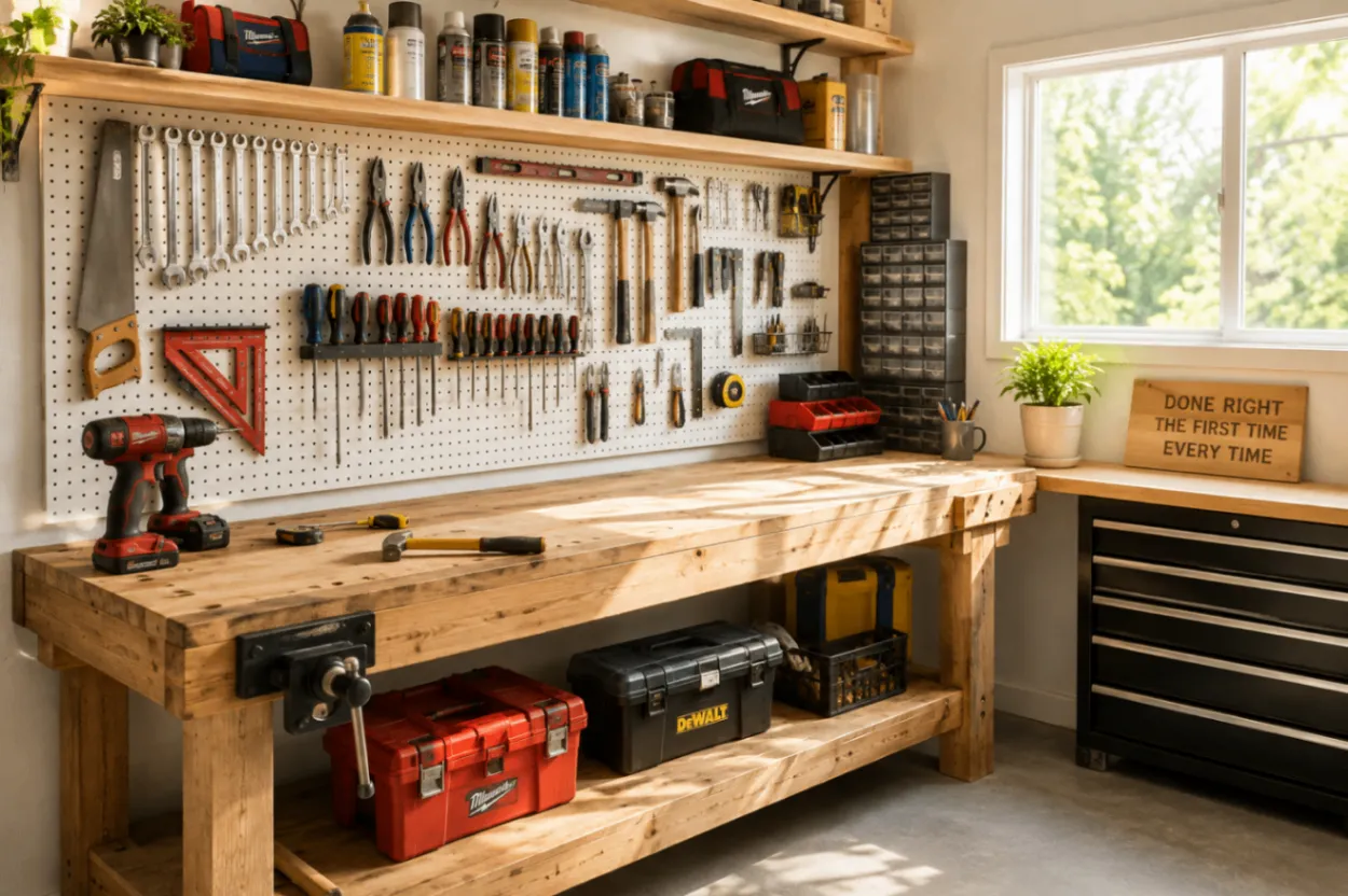Warm view of a well-kept workbench and toolbox